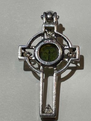 Vintage Sterling Silver Celtic Cross from Ireland with Clover in the Stone in Good Preowned Condition.