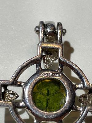 Vintage Sterling Silver Celtic Cross from Ireland with Clover in the Stone in Good Preowned Condition.