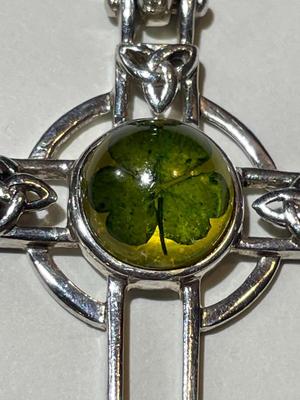 Vintage Sterling Silver Celtic Cross from Ireland with Clover in the Stone in Good Preowned Condition.