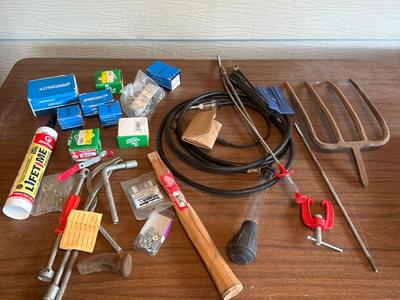 Screws and rusty pitchfork