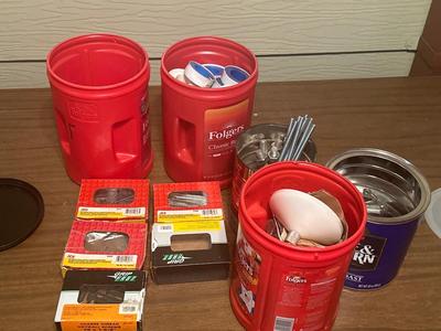 Folgers containers full of nails, screws and other goodies