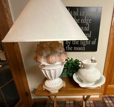 Vintage water pitcher/basin, Lamp, greens, Hand in hand wooden sign