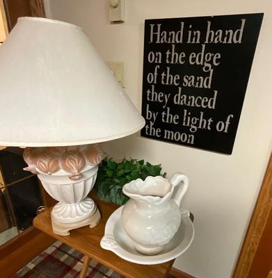 Vintage water pitcher/basin, Lamp, greens, Hand in hand wooden sign