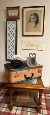 Vintage suitcase, hats, portrait picture, hardanger picture
