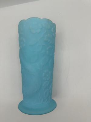 FENTON Blue Satin Milk Glass Peacock Vase Embossed Flowers (See Details)
