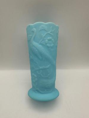 FENTON Blue Satin Milk Glass Peacock Vase Embossed Flowers (See Details)