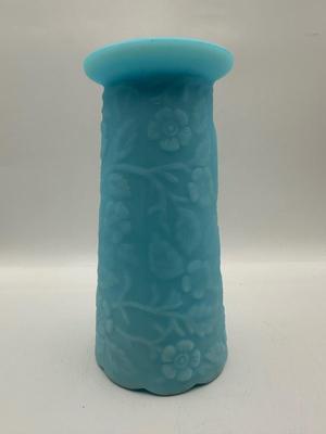 FENTON Blue Satin Milk Glass Peacock Vase Embossed Flowers (See Details)