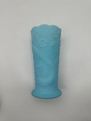 FENTON Blue Satin Milk Glass Peacock Vase Embossed Flowers (See Details)