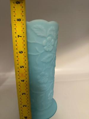 FENTON Blue Satin Milk Glass Peacock Vase Embossed Flowers (See Details)