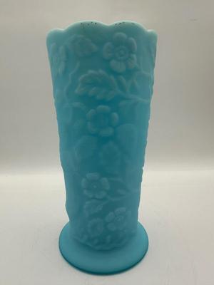 FENTON Blue Satin Milk Glass Peacock Vase Embossed Flowers (See Details)