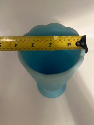 FENTON Blue Satin Milk Glass Peacock Vase Embossed Flowers (See Details)