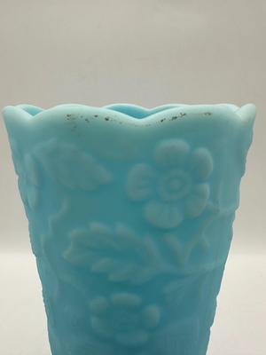 FENTON Blue Satin Milk Glass Peacock Vase Embossed Flowers (See Details)