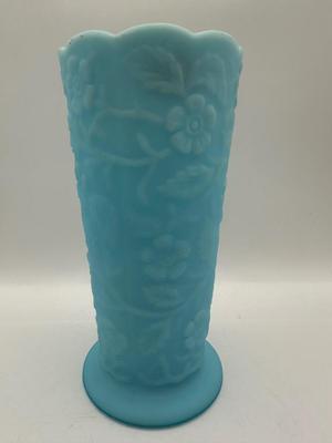 FENTON Blue Satin Milk Glass Peacock Vase Embossed Flowers (See Details)
