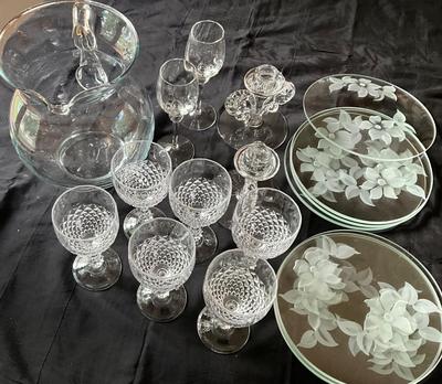 Beautiful glassware #2, Etched plates, fostoria candle holders, wine glasses, pitcher