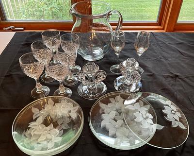 Beautiful glassware #2, Etched plates, fostoria candle holders, wine glasses, pitcher