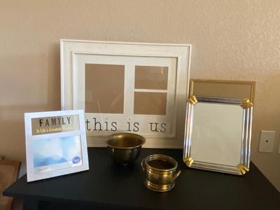 PICTURE FRANES AND GOLD ACCENT POTS