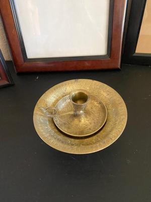 PICTURE DRAMES AND MATCHING BRASS CANDLEHOLDER & PEDESTAL DISH