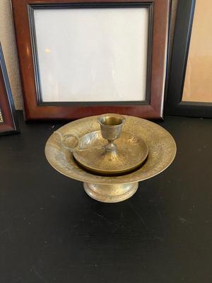 PICTURE DRAMES AND MATCHING BRASS CANDLEHOLDER & PEDESTAL DISH
