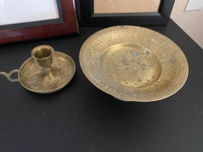 PICTURE DRAMES AND MATCHING BRASS CANDLEHOLDER & PEDESTAL DISH