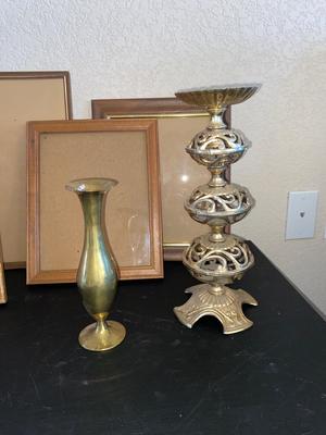 BRASS VASE, CANDLEHOLDER AND PICTURE FRAMES