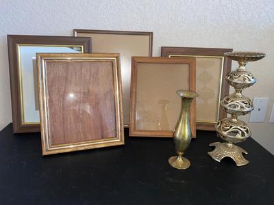 BRASS VASE, CANDLEHOLDER AND PICTURE FRAMES