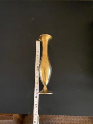 BRASS VASE, CANDLEHOLDER AND PICTURE FRAMES