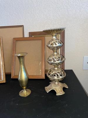 BRASS VASE, CANDLEHOLDER AND PICTURE FRAMES