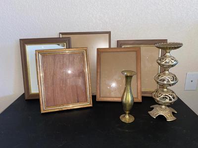 BRASS VASE, CANDLEHOLDER AND PICTURE FRAMES