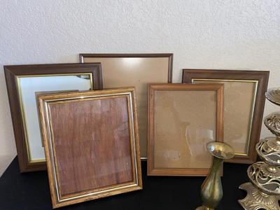 BRASS VASE, CANDLEHOLDER AND PICTURE FRAMES