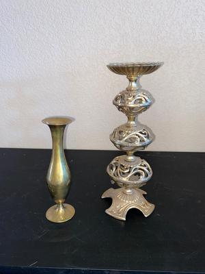 BRASS VASE, CANDLEHOLDER AND PICTURE FRAMES