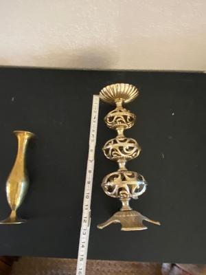 BRASS VASE, CANDLEHOLDER AND PICTURE FRAMES