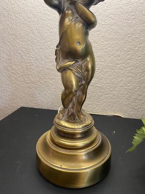 VINTAGE BRASS CHERUB LAMP AND FAUX FERN