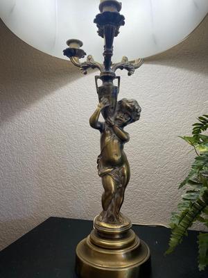 VINTAGE BRASS CHERUB LAMP AND FAUX FERN