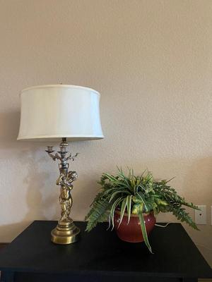 VINTAGE BRASS CHERUB LAMP AND FAUX FERN