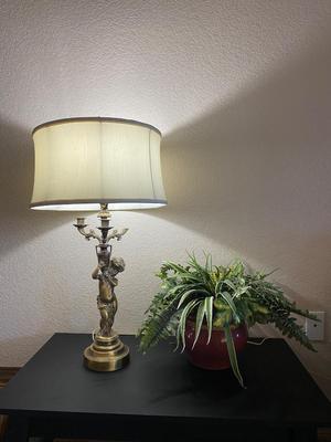 VINTAGE BRASS CHERUB LAMP AND FAUX FERN