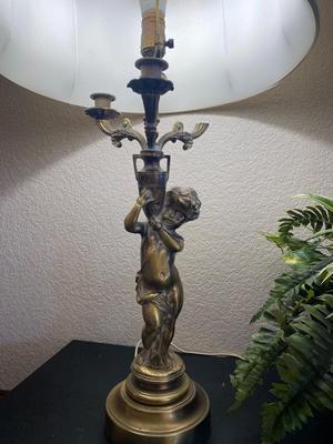 VINTAGE BRASS CHERUB LAMP AND FAUX FERN