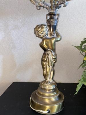 VINTAGE BRASS CHERUB LAMP AND FAUX FERN