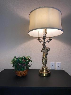 BRASS CHEUB LAMP AND FAUX FOLIAGE