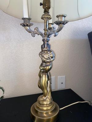 BRASS CHEUB LAMP AND FAUX FOLIAGE