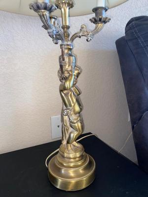 BRASS CHEUB LAMP AND FAUX FOLIAGE