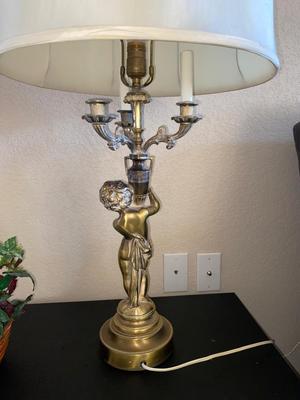 BRASS CHEUB LAMP AND FAUX FOLIAGE