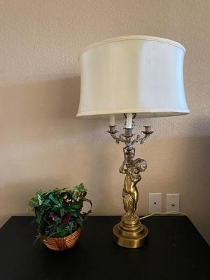 BRASS CHEUB LAMP AND FAUX FOLIAGE