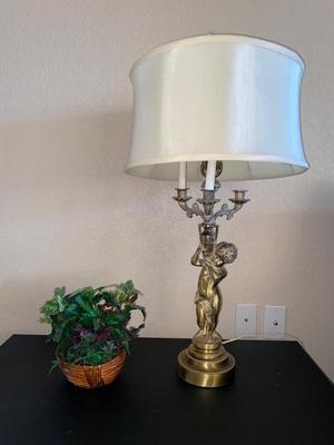 BRASS CHEUB LAMP AND FAUX FOLIAGE