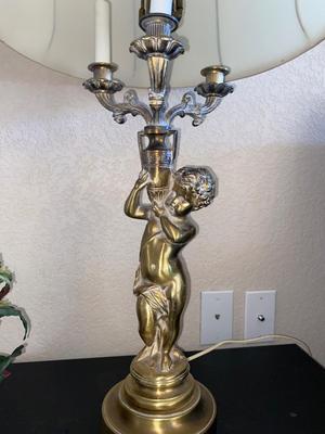 BRASS CHEUB LAMP AND FAUX FOLIAGE