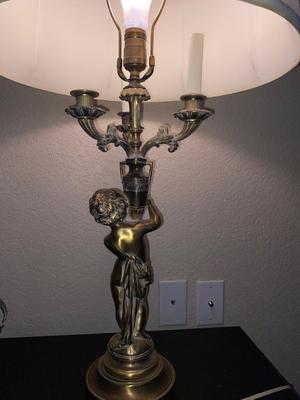 BRASS CHEUB LAMP AND FAUX FOLIAGE