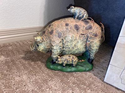 ARNOLD THE HAWG ON A CO-OP CUTTING BOARD AND BABY HAM HITCHING A RIDE ON MAMA PIG