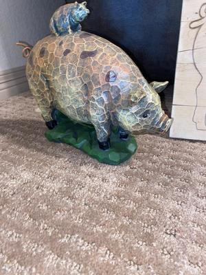 ARNOLD THE HAWG ON A CO-OP CUTTING BOARD AND BABY HAM HITCHING A RIDE ON MAMA PIG