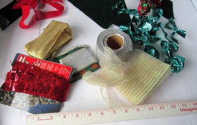 Lot of Bows and Unused Ribbon and Ribbon Curlicues, 2 Candy Canes