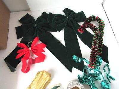 Lot of Bows and Unused Ribbon and Ribbon Curlicues, 2 Candy Canes