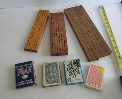 Old Wood Cribbage Boards and Cards